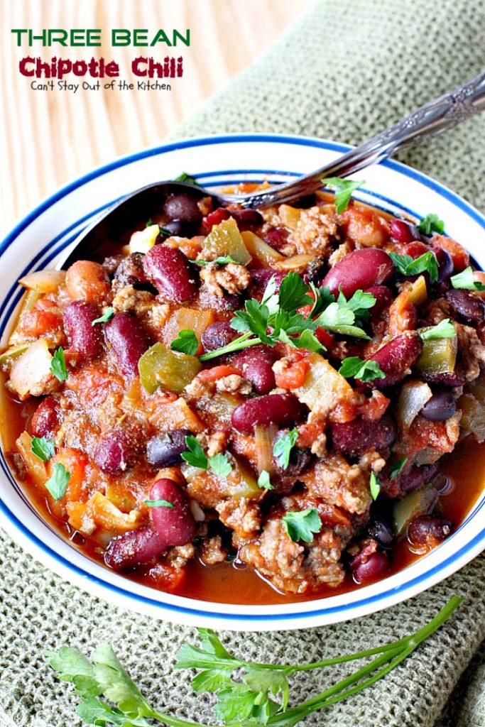 Three Bean Chipotle Chili | Can't Stay Out of the Kitchen | this fabulous #chili is great for #tailgating parties, yet it's healthy, #clean-eating & #glutenfree. Uses three kinds of #beans and lean #groundbeef. #chipotlepeppers in Adobo Sauce makes it sizzle! #soup