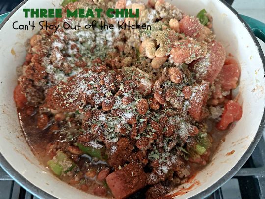 Three Meat Chili | Can't Stay Out of the Kitchen | this fantastic #chili #recipe includes #GroundBeef, #ItalianSausage & #GroundTurkey. #JalapenoPeppers & diced #GreenChiles add a little heat. Wonderful for cooler fall temperatures & reheats well. Every bite is sensational. #GlutenFree #RedBeans #PintoBeans #avocados #CheddarCheese #ThreeMeatChili