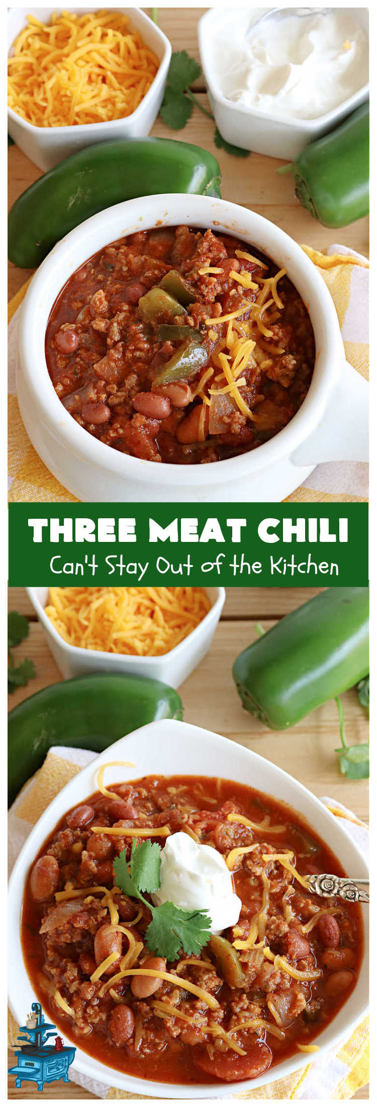 Three Meat Chili | Can't Stay Out of the Kitchen | this fantastic #chili #recipe includes #GroundBeef, #ItalianSausage & #GroundTurkey. #JalapenoPeppers & diced #GreenChiles add a little heat. Wonderful for cooler fall temperatures & reheats well. Every bite is sensational. #GlutenFree #RedBeans #PintoBeans #avocados #CheddarCheese #ThreeMeatChili