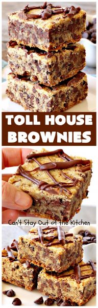 Toll House Brownies | Can't Stay Out of the Kitchen | this scrumptious #dessert takes the best of #TollHouse #cookies & puts them in #brownie form. Then a #chocolate icing is drizzled over top. Absolutely mouthwatering. #tailgating