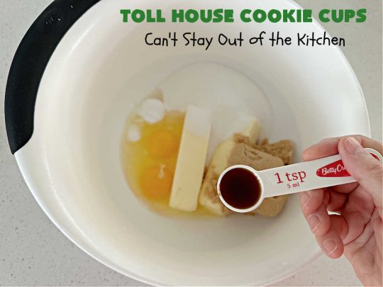 Toll House Cookie Cups | Can't Stay Out of the Kitchen | these dreamy #cookies have that great #TollHouse flavor & they're filled with miniature #ChocolateChips so they're loaded with #chocolate. Terrific for a #ChristmasCookieExchange, #holiday parties, potlucks & #tailgating. #dessert #TollHouseDessert #TollHouseCookieCups