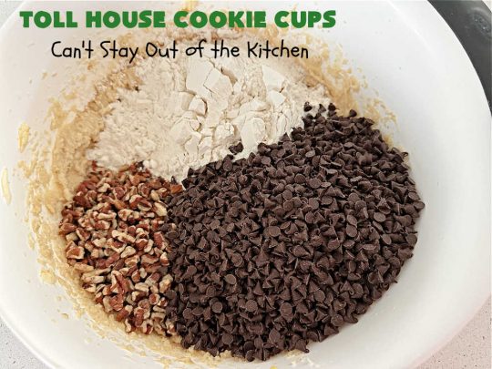 Toll House Cookie Cups | Can't Stay Out of the Kitchen | these dreamy #cookies have that great #TollHouse flavor & they're filled with miniature #ChocolateChips so they're loaded with #chocolate. Terrific for a #ChristmasCookieExchange, #holiday parties, potlucks & #tailgating. #dessert #TollHouseDessert #TollHouseCookieCups