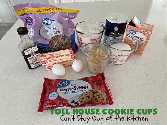 Toll House Cookie Cups | Can't Stay Out of the Kitchen | these dreamy #cookies have that great #TollHouse flavor & they're filled with miniature #ChocolateChips so they're loaded with #chocolate. Terrific for a #ChristmasCookieExchange, #holiday parties, potlucks & #tailgating. #dessert #TollHouseDessert #TollHouseCookieCups