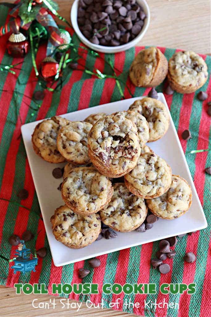 Toll House Cookie Cups | Can't Stay Out of the Kitchen | these dreamy #cookies have that great #TollHouse flavor & they're filled with miniature #ChocolateChips so they're loaded with #chocolate. Terrific for a #ChristmasCookieExchange, #holiday parties, potlucks & #tailgating. #dessert #TollHouseDessert #TollHouseCookieCups