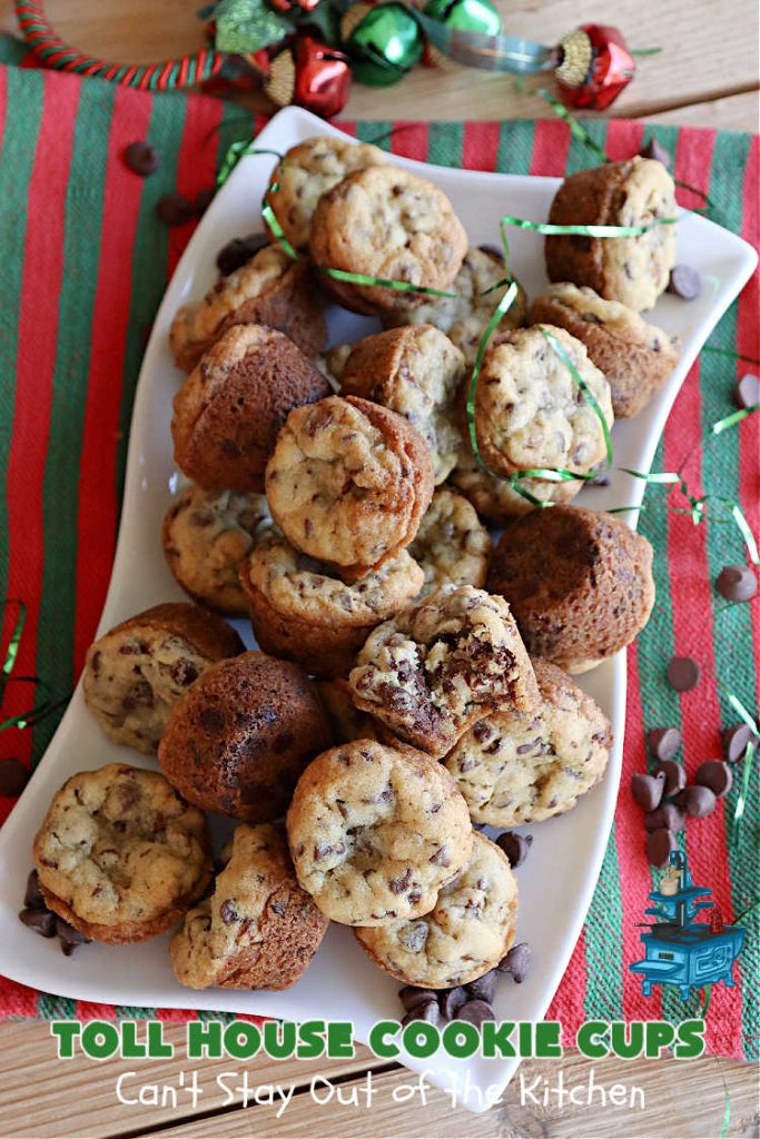 Toll House Cookie Cups | Can't Stay Out of the Kitchen | these dreamy #cookies have that great #TollHouse flavor & they're filled with miniature #ChocolateChips so they're loaded with #chocolate. Terrific for a #ChristmasCookieExchange, #holiday parties, potlucks & #tailgating. #dessert #TollHouseDessert #TollHouseCookieCups