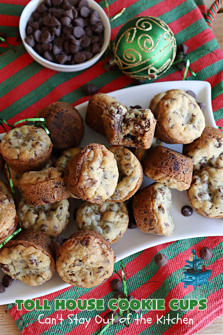 Toll House Cookie Cups | Can't Stay Out of the Kitchen | these dreamy #cookies have that great #TollHouse flavor & they're filled with miniature #ChocolateChips so they're loaded with #chocolate. Terrific for a #ChristmasCookieExchange, #holiday parties, potlucks & #tailgating. #dessert #TollHouseDessert #TollHouseCookieCups