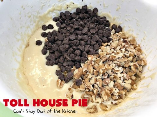 Toll House Pie | Can't Stay Out of the Kitchen | the easiest & most spectacular #TollHousePie ever! Better than #TollHouseCookies, this pie is rich, decadent & absolutely divine! Every bite will have you drooling. Perfect for a #holiday #dessert, too. #pie #ChocolateChips #Walnuts #southern #ThanksgivingDessert #ChristmasDessert #TollHouse #Chocolate #ChocolateDessert #TollHouseDessert