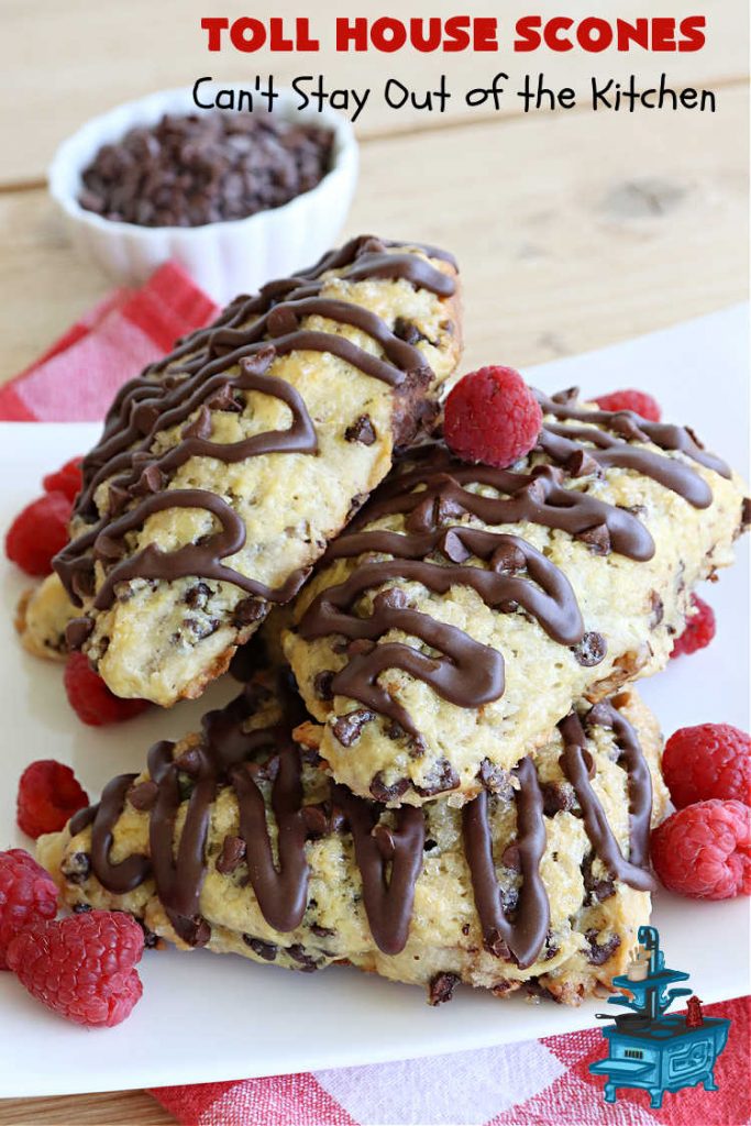 Toll House Scones | Can't Stay Out of the Kitchen | #TollHouseScones are some of the best #scones you'll ever eat. This drool-worthy #breakfast or #brunch entree is perfect for a weekend, company or #holiday breakfast. They're chocked full of #ChocolateChips & drizzled with #chocolate icing. Every bite will have you swooning! #TollHouse #HolidayBreakfast