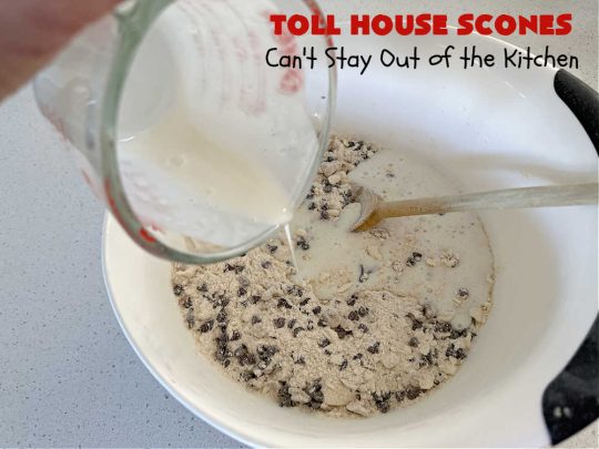 Toll House Scones | Can't Stay Out of the Kitchen | #TollHouseScones are some of the best #scones you'll ever eat. This drool-worthy #breakfast or #brunch entree is perfect for a weekend, company or #holiday breakfast. They're chocked full of #ChocolateChips & drizzled with #chocolate icing. Every bite will have you swooning! #TollHouse #HolidayBreakfast