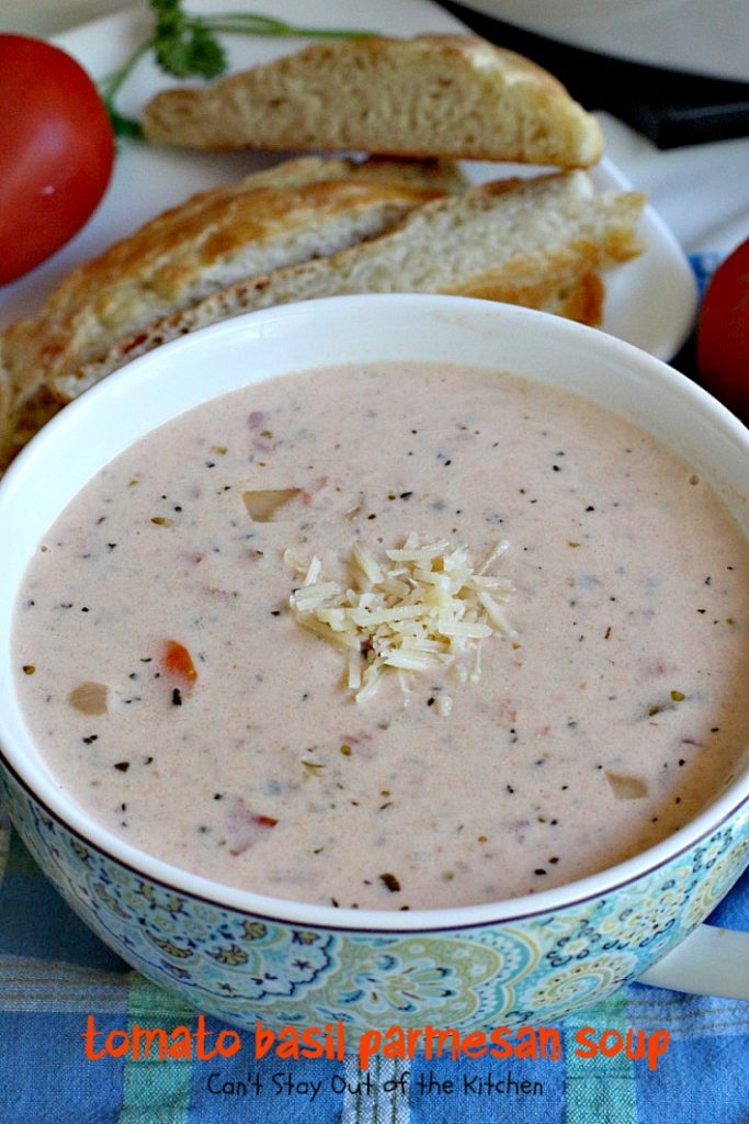 Tomato Basil Parmesan Soup | Can't Stay Out of the Kitchen | this creamy, cheesy #soup is amazing. You won't want to stop after eating the first bite! Plus it's so easy because it's made in the #crockpot! #tomatoes #cheese