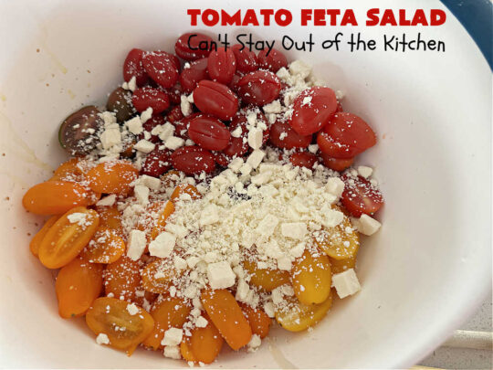 Tomato Feta Salad | Can't Stay Out of the Kitchen | this easy #recipe uses a mixture of #GrapeTomatoes, #VidaliaOnions & #FetaCheese in a simple #SaladDressing with #basil, #OliveOil and #BalsamicVinegar. Great #SideDish for a #BackyardBarbecue, #potluck or #grilling out with friends. #tomatoes #salad #GlutenFree #TomatoFetaSalad