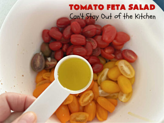 Tomato Feta Salad | Can't Stay Out of the Kitchen | this easy #recipe uses a mixture of #GrapeTomatoes, #VidaliaOnions & #FetaCheese in a simple #SaladDressing with #basil, #OliveOil and #BalsamicVinegar. Great #SideDish for a #BackyardBarbecue, #potluck or #grilling out with friends. #tomatoes #salad #GlutenFree #TomatoFetaSalad