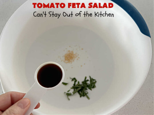 Tomato Feta Salad | Can't Stay Out of the Kitchen | this easy #recipe uses a mixture of #GrapeTomatoes, #VidaliaOnions & #FetaCheese in a simple #SaladDressing with #basil, #OliveOil and #BalsamicVinegar. Great #SideDish for a #BackyardBarbecue, #potluck or #grilling out with friends. #tomatoes #salad #GlutenFree #TomatoFetaSalad