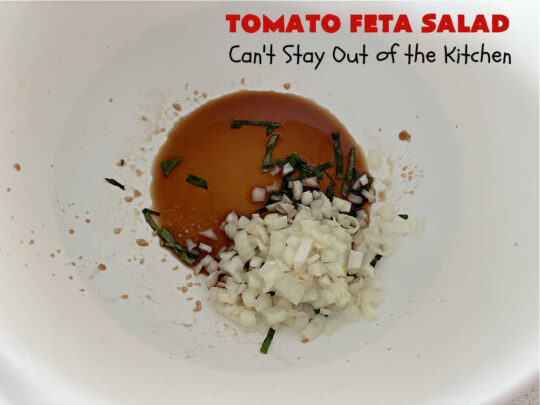Tomato Feta Salad | Can't Stay Out of the Kitchen | this easy #recipe uses a mixture of #GrapeTomatoes, #VidaliaOnions & #FetaCheese in a simple #SaladDressing with #basil, #OliveOil and #BalsamicVinegar. Great #SideDish for a #BackyardBarbecue, #potluck or #grilling out with friends. #tomatoes #salad #GlutenFree #TomatoFetaSalad
