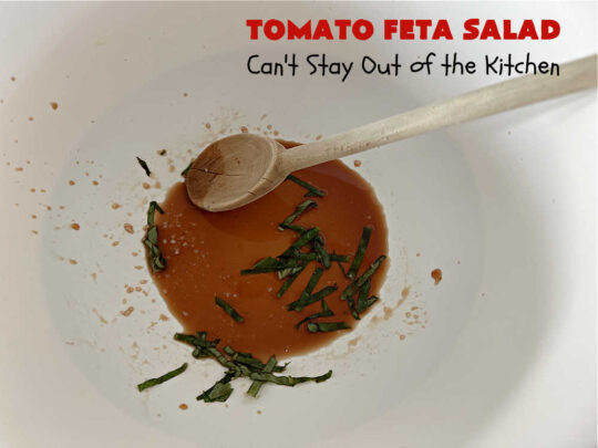 Tomato Feta Salad | Can't Stay Out of the Kitchen | this easy #recipe uses a mixture of #GrapeTomatoes, #VidaliaOnions & #FetaCheese in a simple #SaladDressing with #basil, #OliveOil and #BalsamicVinegar. Great #SideDish for a #BackyardBarbecue, #potluck or #grilling out with friends. #tomatoes #salad #GlutenFree #TomatoFetaSalad