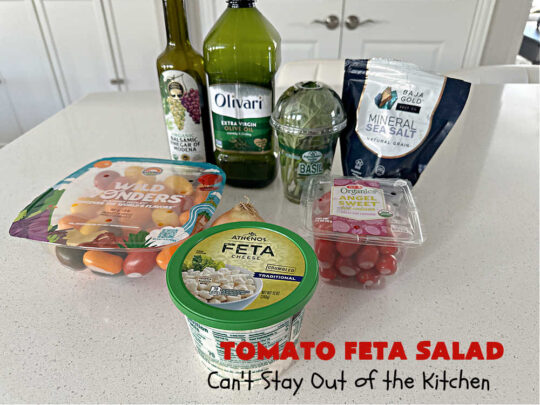 Tomato Feta Salad | Can't Stay Out of the Kitchen | this easy #recipe uses a mixture of #GrapeTomatoes, #VidaliaOnions & #FetaCheese in a simple #SaladDressing with #basil, #OliveOil and #BalsamicVinegar. Great #SideDish for a #BackyardBarbecue, #potluck or #grilling out with friends. #tomatoes #salad #GlutenFree #TomatoFetaSalad