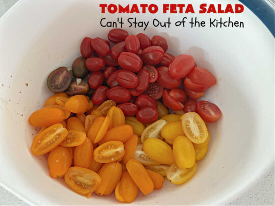 Tomato Feta Salad | Can't Stay Out of the Kitchen | this easy #recipe uses a mixture of #GrapeTomatoes, #VidaliaOnions & #FetaCheese in a simple #SaladDressing with #basil, #OliveOil and #BalsamicVinegar. Great #SideDish for a #BackyardBarbecue, #potluck or #grilling out with friends. #tomatoes #salad #GlutenFree #TomatoFetaSalad