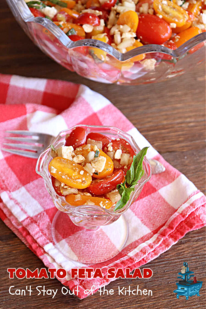 Tomato Feta Salad | Can't Stay Out of the Kitchen | this easy #recipe uses a mixture of #GrapeTomatoes, #VidaliaOnions & #FetaCheese in a simple #SaladDressing with #basil, #OliveOil and #BalsamicVinegar. Great #SideDish for a #BackyardBarbecue, #potluck or #grilling out with friends. #tomatoes #salad #GlutenFree #TomatoFetaSalad
