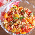 Tomato Feta Salad | Can't Stay Out of the Kitchen | this easy #recipe uses a mixture of #GrapeTomatoes, #VidaliaOnions & #FetaCheese in a simple #SaladDressing with #basil, #OliveOil and #BalsamicVinegar. Great #SideDish for a #BackyardBarbecue, #potluck or #grilling out with friends. #tomatoes #salad #GlutenFree #TomatoFetaSalad