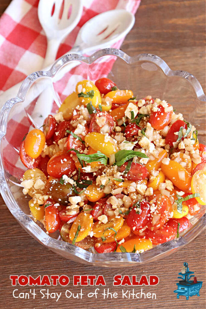 Tomato Feta Salad | Can't Stay Out of the Kitchen | this easy #recipe uses a mixture of #GrapeTomatoes, #VidaliaOnions & #FetaCheese in a simple #SaladDressing with #basil, #OliveOil and #BalsamicVinegar. Great #SideDish for a #BackyardBarbecue, #potluck or #grilling out with friends. #tomatoes #salad #GlutenFree #TomatoFetaSalad