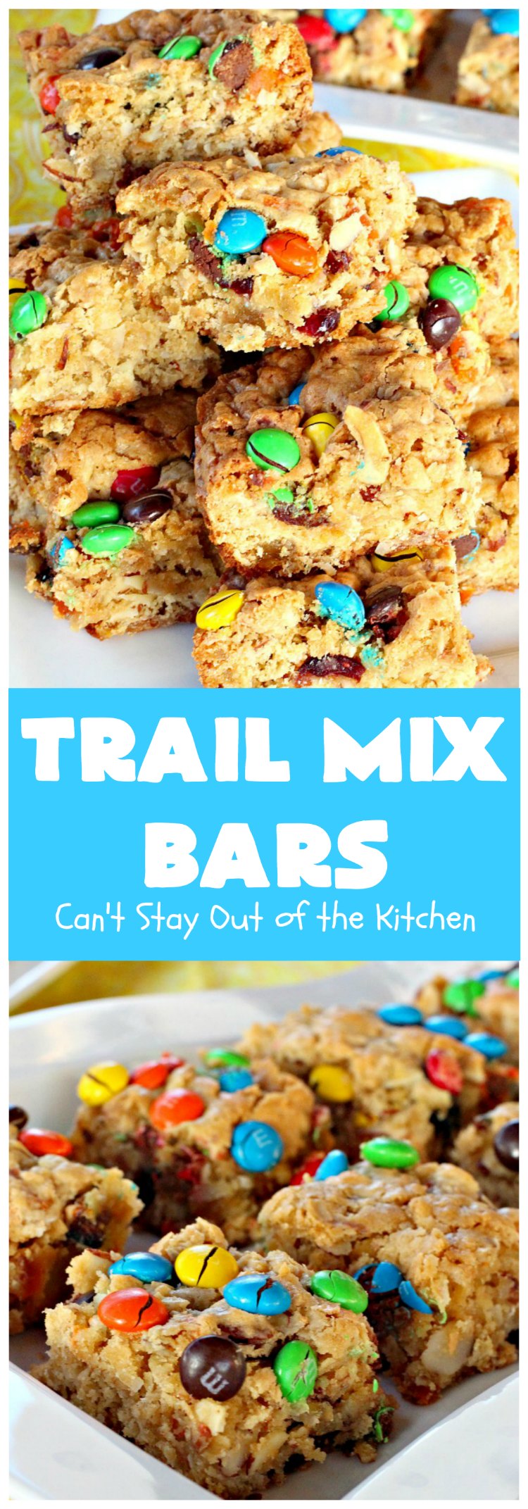Trail Mix Bars | Can't Stay Out of the Kitchen | these #dessert bars are fantastic. They taste like eating #TrailMix but in #brownie form. They are mouthwatering & irresistible with the addition of #MMs. Terrific for #tailgating parties, potlucks, backyard BBQs and summer #holiday fun. #TrailMixBars #chocolate #TrailMixDessert #MMDessert #ChocolateDessert