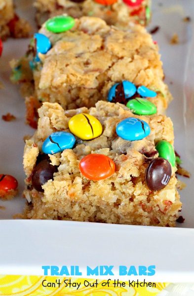 Trail Mix Bars | Can't Stay Out of the Kitchen | these #dessert bars are fantastic. They taste like eating #TrailMix but in #brownie form. They are mouthwatering & irresistible with the addition of #MMs. Terrific for #tailgating parties, potlucks, backyard BBQs and summer #holiday fun. #TrailMixBars #chocolate #TrailMixDessert #MMDessert #ChocolateDessert