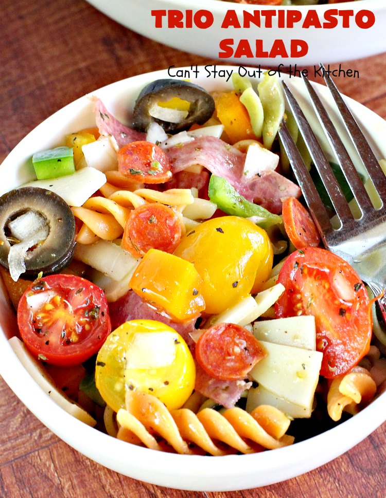 Trio Antipasto Salad | Can't Stay Out of the Kitchen | this favorite #pasta #salad includes #pepperoni, #salami & #provolone cheese. The homemade #vinaigrette is delightful. Great for potlucks, reunions & summer #BBQs. 