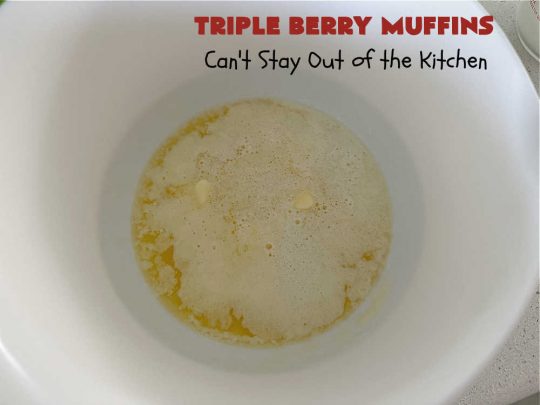 Triple Berry Muffins | Can't Stay Out of the Kitchen | Triple your pleasure with these scrumptious #TripleBerryMuffins. These #muffins include #strawberries, #blueberries & #raspberries along with #cinnamon for flavor. They're easy to make & puff up nicely while #baking. Excellent for a #holiday or company #breakfast or #brunch since the #recipe makes a lot. #BreakfastMuffins #HolidayBreakfast