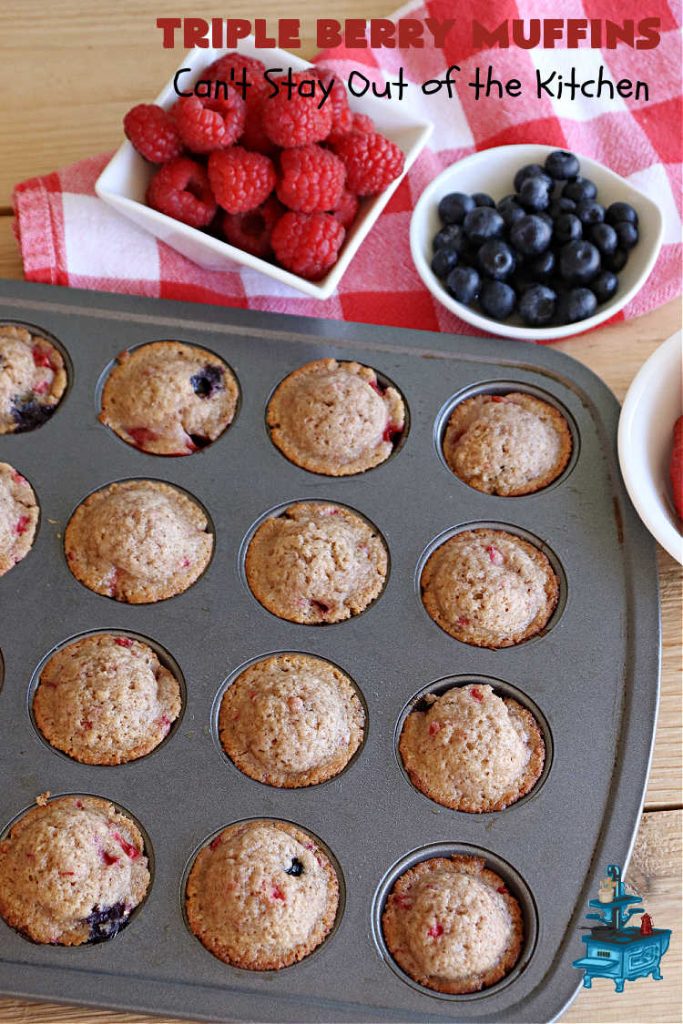 Triple Berry Muffins | Can't Stay Out of the Kitchen | Triple your pleasure with these scrumptious #TripleBerryMuffins. These #muffins include #strawberries, #blueberries & #raspberries along with #cinnamon for flavor. They're easy to make & puff up nicely while #baking. Excellent for a #holiday or company #breakfast or #brunch since the #recipe makes a lot. #BreakfastMuffins #HolidayBreakfast