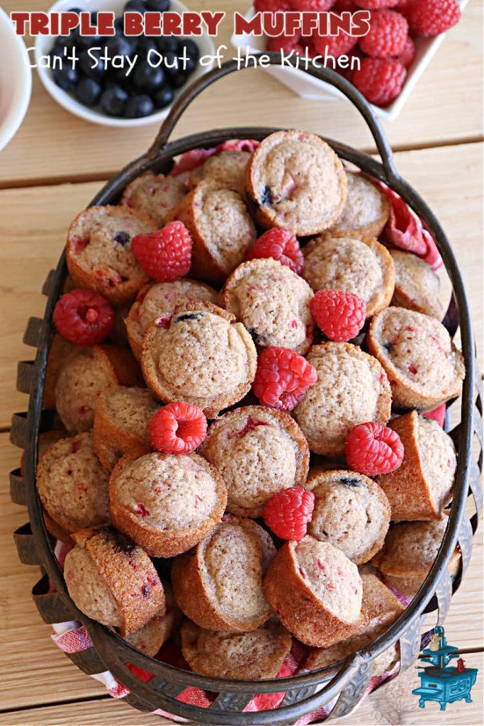 Triple Berry Muffins | Can't Stay Out of the Kitchen | Triple your pleasure with these scrumptious #TripleBerryMuffins. These #muffins include #strawberries, #blueberries & #raspberries along with #cinnamon for flavor. They're easy to make & puff up nicely while #baking. Excellent for a #holiday or company #breakfast or #brunch since the #recipe makes a lot. #BreakfastMuffins #HolidayBreakfast