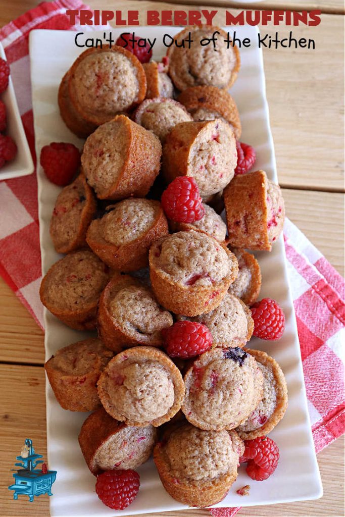 Triple Berry Muffins | Can't Stay Out of the Kitchen | Triple your pleasure with these scrumptious #TripleBerryMuffins. These #muffins include #strawberries, #blueberries & #raspberries along with #cinnamon for flavor. They're easy to make & puff up nicely while #baking. Excellent for a #holiday or company #breakfast or #brunch since the #recipe makes a lot. #BreakfastMuffins #HolidayBreakfast