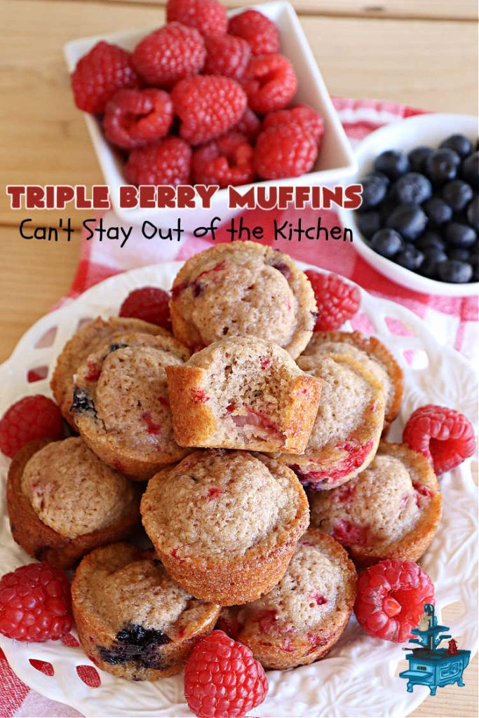 Triple Berry Muffins | Can't Stay Out of the Kitchen | Triple your pleasure with these scrumptious #TripleBerryMuffins. These #muffins include #strawberries, #blueberries & #raspberries along with #cinnamon for flavor. They're easy to make & puff up nicely while #baking. Excellent for a #holiday or company #breakfast or #brunch since the #recipe makes a lot. #BreakfastMuffins #HolidayBreakfast