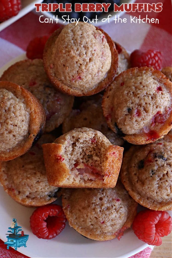 Triple Berry Muffins | Can't Stay Out of the Kitchen | Triple your pleasure with these scrumptious #TripleBerryMuffins. These #muffins include #strawberries, #blueberries & #raspberries along with #cinnamon for flavor. They're easy to make & puff up nicely while #baking. Excellent for a #holiday or company #breakfast or #brunch since the #recipe makes a lot. #BreakfastMuffins #HolidayBreakfast