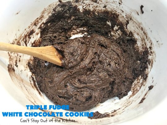 Triple Fudge White Chocolate Cookies | Can't Stay Out of the Kitchen | these fantastic #cookies have only 4 ingredients! They start with a #TripleFudgeCakeMix that includes #ChocolateChips, #cocoa & #ChocolateLiquor. Add #WhiteChocolateChips & you have a #recipe made in heaven! They will cure any sweet tooth craving or #chocolate desire you have! #dessert #fudge #ChocolateDessert #FudgeDessert #tailgating