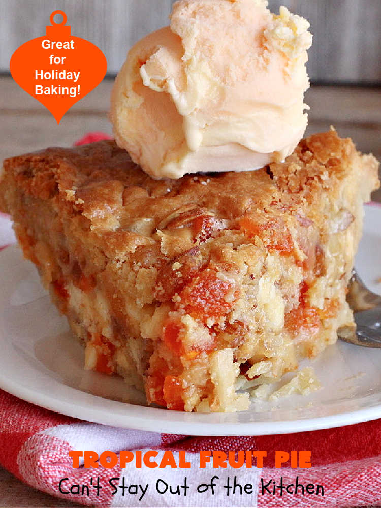 Tropical Fruit Pie | Can't Stay Out of the Kitchen | this amazing #pie contains #CandiedTropicalFruitMix, #almonds & vanilla chips. It absolutely explodes with flavor & is a terrific way to use #CandiedFruit in a #recipe. Great for #holiday #baking. #HolidayDessert #ParadiseFruitCompany #dessert #ParadiseCandiedFruit #papaya #mango #pineapple #TropicalFruitPie