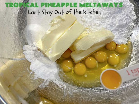Tropical Pineapple Meltaways | Can't Stay Out of the Kitchen | these "melt-in-the-mouth" #cookies include #CandiedPineapple, #VanillaChips & #PineappleExtract for a burst of flavor. They're rolled in #TurbinadoSugar & are fantastic for #holiday #baking, #ChristmasCookieExchanges, #tailgating or office parties. You'll be swooning after the first bite! #PineappleDessert #TropicalPineappleMeltaways #dessert