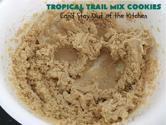 Tropical Trail Mix Cookies | Can't Stay Out of the Kitchen | These delightful #ChocolateChipCookies include #TropicalTrailMix in every bite! They're great for #tailgating parties, potlucks or any kind of family baking. #TrailMix includes #pineapple, #papaya, #raisins, #craisins, #almonds, #cashews & #bananas. #Holiday #Baking #dessert #HolidayBaking #TropicalTrailMixCookies