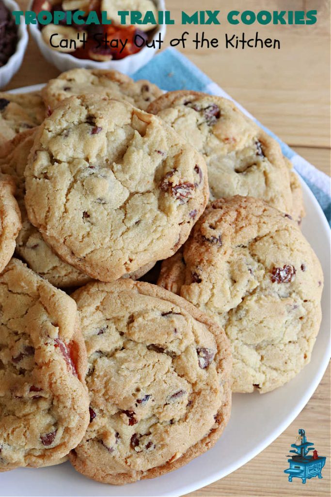 Tropical Trail Mix Cookies | Can't Stay Out of the Kitchen | These delightful #ChocolateChipCookies include #TropicalTrailMix in every bite! They're great for #tailgating parties, potlucks or any kind of family baking. #TrailMix includes #pineapple, #papaya, #raisins, #craisins, #almonds, #cashews & #bananas. #Holiday #Baking #dessert #HolidayBaking #TropicalTrailMixCookiesTropical Trail Mix Cookies | Can't Stay Out of the Kitchen | These delightful #ChocolateChipCookies include #TropicalTrailMix in every bite! They're great for #tailgating parties, potlucks or any kind of family baking. #TrailMix includes #pineapple, #papaya, #raisins, #craisins, #almonds, #cashews & #bananas. #Holiday #Baking #dessert #HolidayBaking #TropicalTrailMixCookies