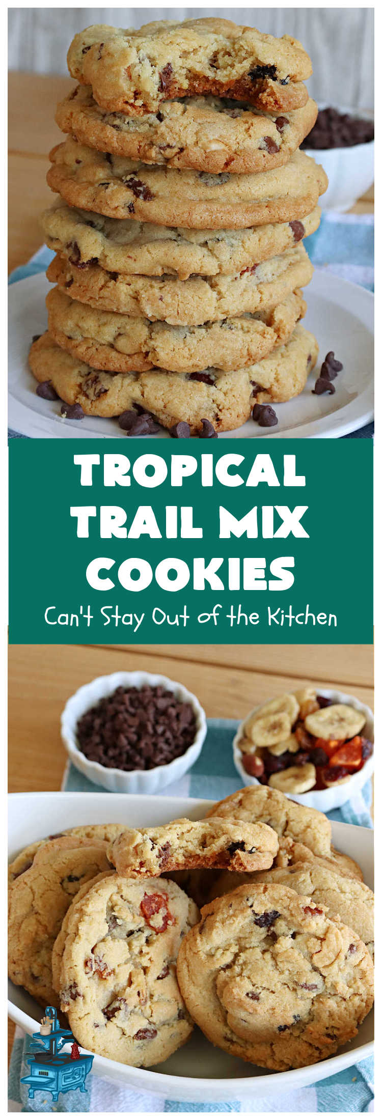 Tropical Trail Mix Cookies | Can't Stay Out of the Kitchen | These delightful #ChocolateChipCookies include #TropicalTrailMix in every bite! They're great for #tailgating parties, potlucks or any kind of family baking. #TrailMix includes #pineapple, #papaya, #raisins, #craisins, #almonds, #cashews & #bananas. #Holiday #Baking #dessert #HolidayBaking #TropicalTrailMixCookies