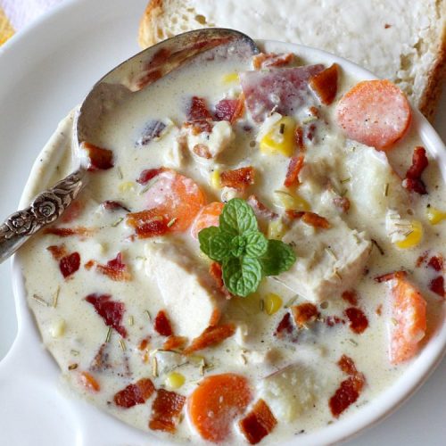 Turkey Corn Chowder | Can't Stay Out of the Kitchen | this fabulous #soup #recipe uses #turkey cutlets, #corn, #carrots, #potatoes & loads of #bacon! Seriously, this is some of the best comfort food you'll eat this winter! All our company raved over this amazing #CornChowder. #TurkeyCornChowder #Fall #FallSoupRecipe #TurkeySoup