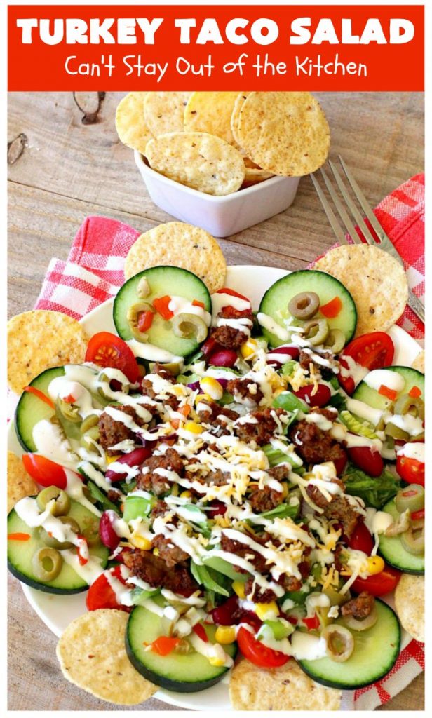 Turkey Taco Salad | Can't Stay Out of the Kitchen | healthier, #LowCalorie version of #TacoSalad. This one uses #TurkeySausage to give it a nice #TexMex kick. Terrific one-dish meal. #GlutenFree #turkey #healthy #TurkeyTacoSalad