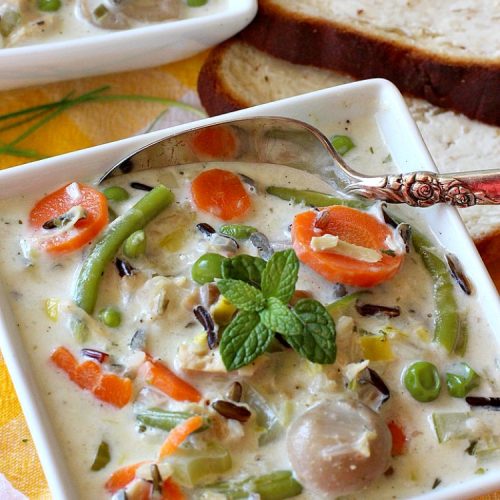 Turkey and Wild Rice Soup | Can't Stay Out of the Kitchen | this fantastic #soup is the perfect comfort food for the cold, dreary nights of winter. It will warm you up and put a smile on your face! #Turkey #TurkeySoup #TurkeyandWildRiceSoup #greenbeans #carrots #peas #WildRice #GlutenFree #mushrooms #Fall #FallSoupRecipe #GlutenFreeSoup #GlutenFreeTurkeySoup