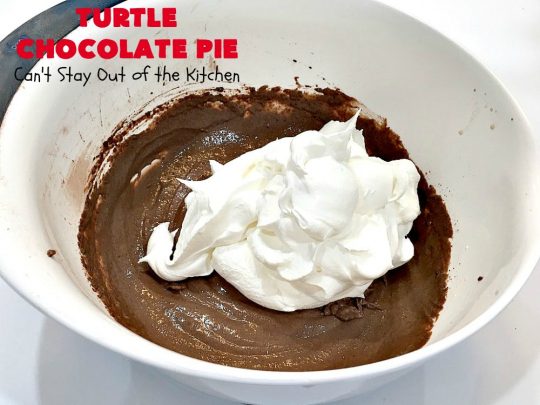 Turtle Chocolate Pie | Can't Stay Out of the Kitchen | this fantastic 5 ingredient #pie is made with #TurtlesCandies! It's outrageously delicious & so perfect for company or #holiday dinners. #chocolate #holiday #ChocolatePie #dessert #ChocolateDessert #HolidayDessert #5IngredientRecipe #TurtleCandy #TurtleChocolatePie #caramel #pecans