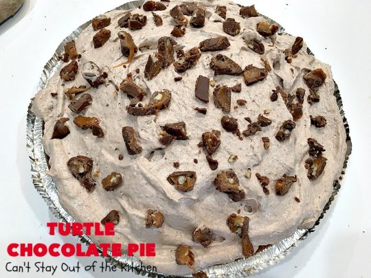 Turtle Chocolate Pie | Can't Stay Out of the Kitchen | this fantastic 5 ingredient #pie is made with #TurtlesCandies! It's outrageously delicious & so perfect for company or #holiday dinners. #chocolate #holiday #ChocolatePie #dessert #ChocolateDessert #HolidayDessert #5IngredientRecipe #TurtleCandy #TurtleChocolatePie #caramel #pecans
