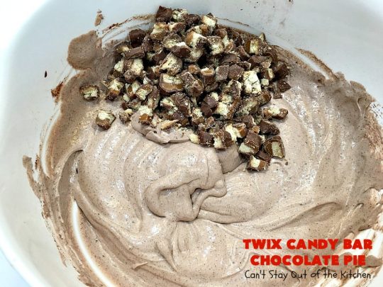 Twix Candy Bar Chocolate Pie | Can't Stay Out of the Kitchen | this luscious #ChocolatePie will rock your world! It uses only 5 ingredients including #TwixCandyBars! Amazing #dessert for #holidays or company. #pie #TwixCandyBarChocolatePie