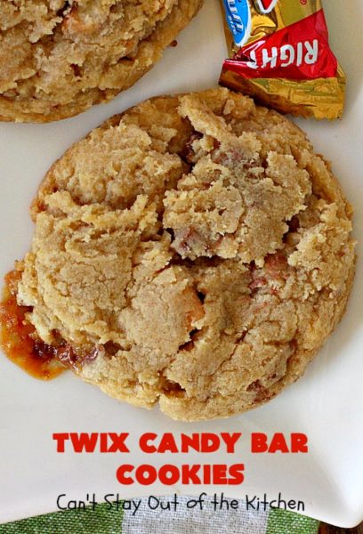 Twix Candy Bar Cookies | Can't Stay Out of the Kitchen | these fantastic #cookies are to die for! They're filled with #TwixCandyBars so they have great #chocolate & #caramel taste. We gave them out for a local town Christmas celebration & hundreds of folks raved over these goodies. #dessert #Holiday #HolidayDessert #CaramelDessert #ChocolateDessert #TwixCandyBarDessert #TwixCandyBarCookies #ChristmasCookieExchange #tailgating