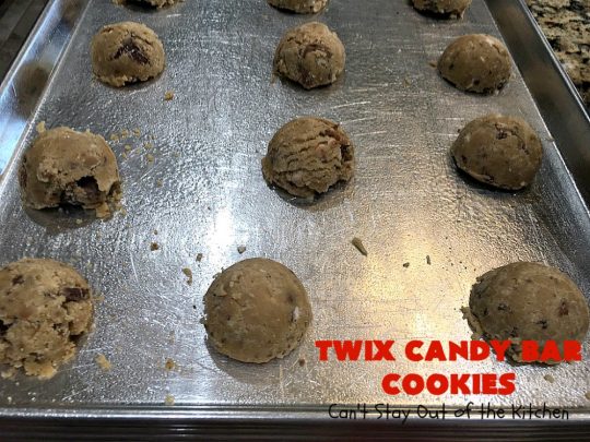 Twix Candy Bar Cookies | Can't Stay Out of the Kitchen | these fantastic #cookies are to die for! They're filled with #TwixCandyBars so they have great #chocolate & #caramel taste. We gave them out for a local town Christmas celebration & hundreds of folks raved over these goodies. #dessert #Holiday #HolidayDessert #CaramelDessert #ChocolateDessert #TwixCandyBarDessert #TwixCandyBarCookies #ChristmasCookieExchange #tailgating