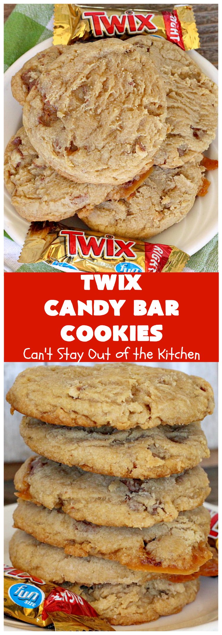 Twix Candy Bar Cookies | Can't Stay Out of the Kitchen | these fantastic #cookies are to die for! They're filled with #TwixCandyBars so they have great #chocolate & #caramel taste. We gave them out for a local town Christmas celebration & hundreds of folks raved over these goodies. #dessert #Holiday #HolidayDessert #CaramelDessert #ChocolateDessert #TwixCandyBarDessert #TwixCandyBarCookies  #ChristmasCookieExchange #tailgating