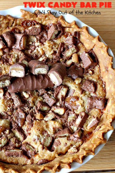 Twix Candy Bar Pie | Can't Stay Out of the Kitchen | this spectacular #pie will have you swooning from the first bite! It's filled with #TwixCandyBars so it's loaded with #chocolate & #caramel. Perfect #dessert for #ValentinesDay & other special occasions or #holidays. #ChocolateDessert #CaramelDessert #TwixCandyBarPie #TwixCandyBarDessert