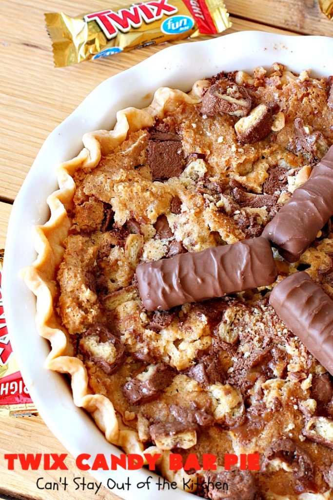 Twix Candy Bar Pie | Can't Stay Out of the Kitchen | this spectacular #pie will have you swooning from the first bite! It's filled with #TwixCandyBars so it's loaded with #chocolate & #caramel. Perfect #dessert for #ValentinesDay & other special occasions or #holidays. #ChocolateDessert #CaramelDessert #TwixCandyBarPie #TwixCandyBarDessert